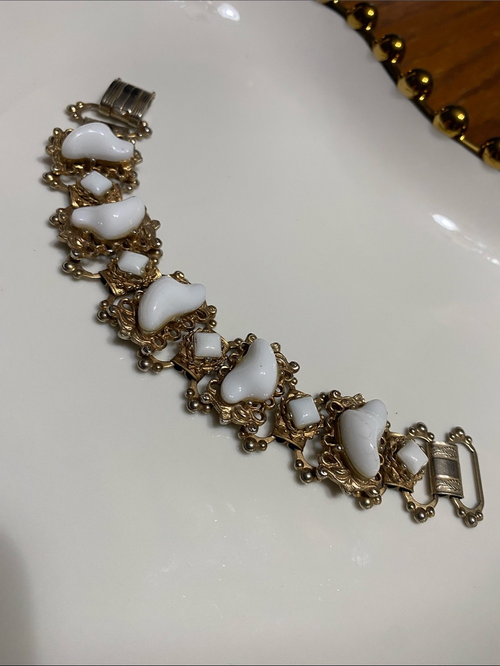 Vintage Russian made White Milk Glass Cabochon Gold Bracelet